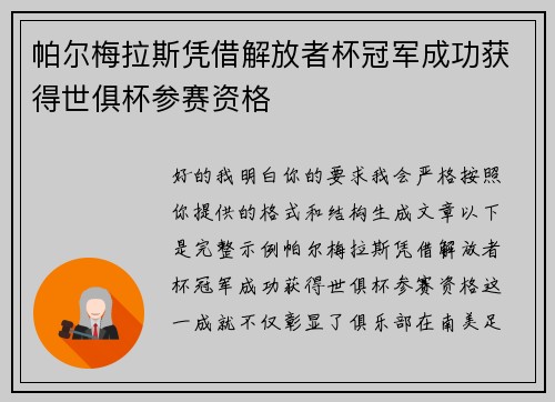 帕尔梅拉斯凭借解放者杯冠军成功获得世俱杯参赛资格